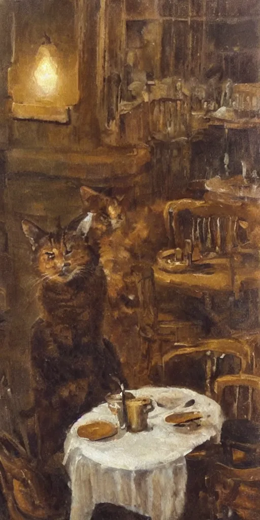 Image similar to brown cat with yellow eyes is sitting at table in a cafe at paris in early 2 0 th century. atmospheric feeling, warm colours, brown colours, yellow colours, epic scene, cinematic, very detailed, oil painting