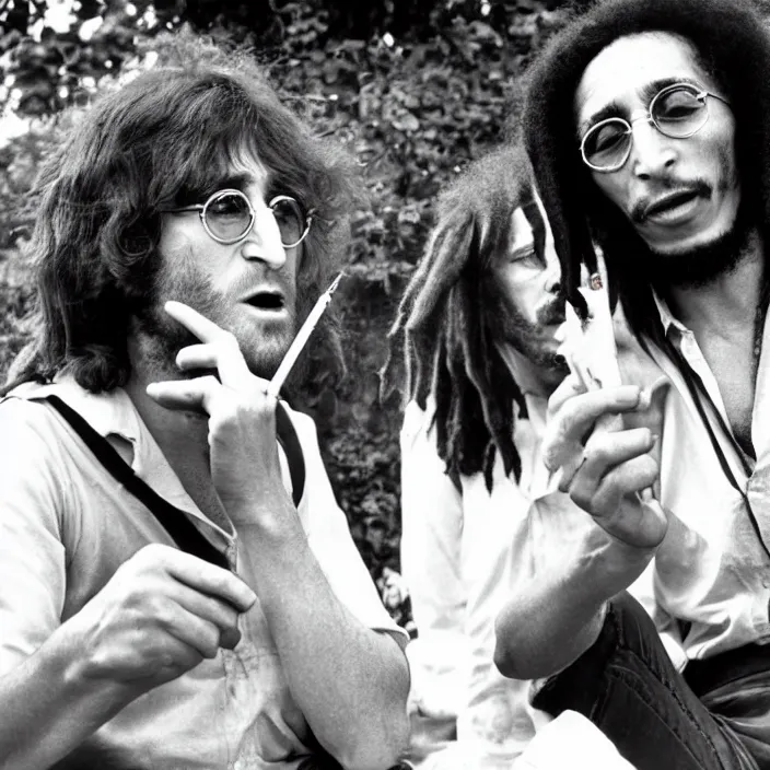 Prompt: john lennon smoking a joint with bob Marley, photograph by Willy Spiller, 1970s