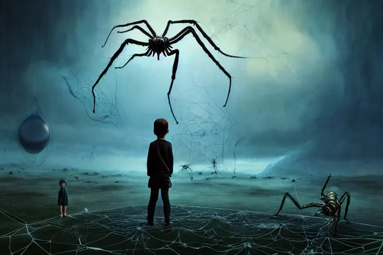 Image similar to realistic detailed photorealistic film portrait shot of a ghost kid playing with giant spider, futuristic sci-fi landscape on background by Denis Villeneuve, Amano, Yves Tanguy, Alphonse Mucha, Ernst Haeckel, Max Ernst, Andrei Tarkovsky, Edward Robert Hughes, Roger Dean, necklace, dynamic pose, rich moody colours, wide angle, blue eyes