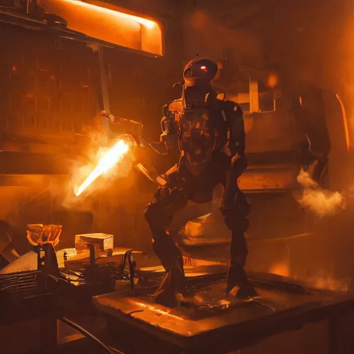 Image similar to cyborg with toaster oven chest, dark messy smoke - filled cluttered workshop, dark, dramatic lighting, orange tint, sparks, cinematic, highly detailed, sci - fi, futuristic, movie still