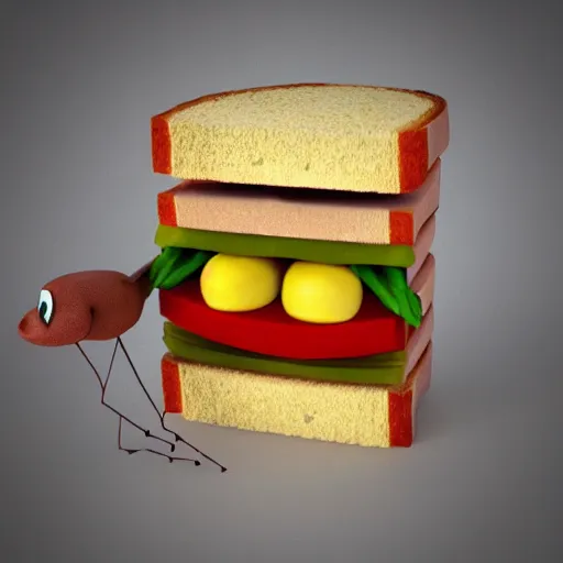 Prompt: a anthropomorphic cartoon sandwich eating itself, 3D render, realistic, 4K