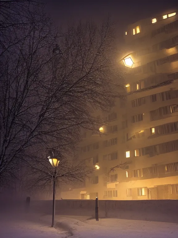 Prompt: award - winning photo of low soviet residential building in russian suburbs, lights are on in the windows, deep night, post - soviet courtyard, cozy atmosphere, winter, heavy snow, light fog, streetlamps with orange light, volumetric light, several birches nearby, elderly people stand at the entrance to the building