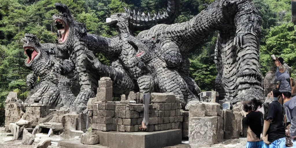 Image similar to a gigantis temple devoted to godzilla, stone carving ancient, worshipers bring offerings