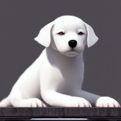 Prompt: A little white puppy sitting on a table, Graceful body structure,cute,Symmetrical face,highly detailed,elegant,Marc Simonetti and Caspar David Friedrich, Trending on artstation