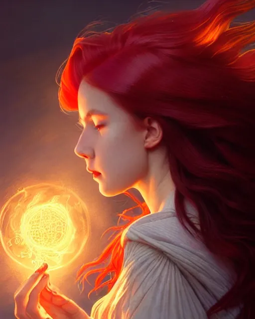 Prompt: side portrait of a university dragon, casting magic spell, particles, magic school, red hair, short hair style, book library studying, intricate, sharp focus, heavy lens flare, bloom, rim light, illustration, highly detailed, digital painting, concept art, matte, art by wlop and artgerm and greg rutkowski and alphonse mucha, masterpiece