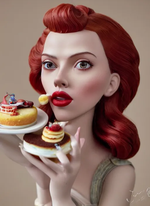 Image similar to closeup portrait of tin toy scarlett johansson eating cakes, depth of field, zeiss lens, detailed, symmetrical, centered, fashion photoshoot, by nicoletta ceccoli, mark ryden, lostfish, earl nore, hyung tae, frank frazetta, breathtaking, 8 k resolution, extremely detailed, beautiful, establishing shot, artistic, hyperrealistic, octane render