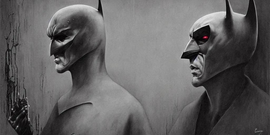 Prompt: portrait of an aging Batman by Zdzisław Beksiński
