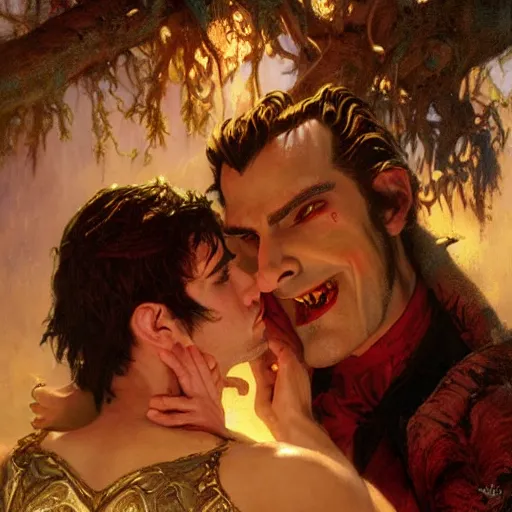 Image similar to attractive male fairy of the forest confesses his love to attractive male dracula the vampire. highly detailed painting by gaston bussiere, craig mullins, j. c. leyendecker 8 k