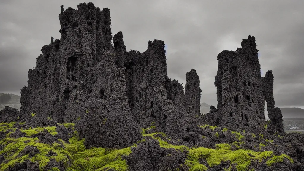Prompt: a very dark and gloomy sky pierced by gnarly dark towers made of lavas on a ruin with moss, with tiny purple glowing butterflies