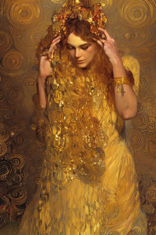 Image similar to an intricate artistic klimt golden motives and textures, hyper detailed, ornamental gold headpiece, octane render, vivid colors, artstation, by jeremy mann, by alphonse mucha, by boris vallejo