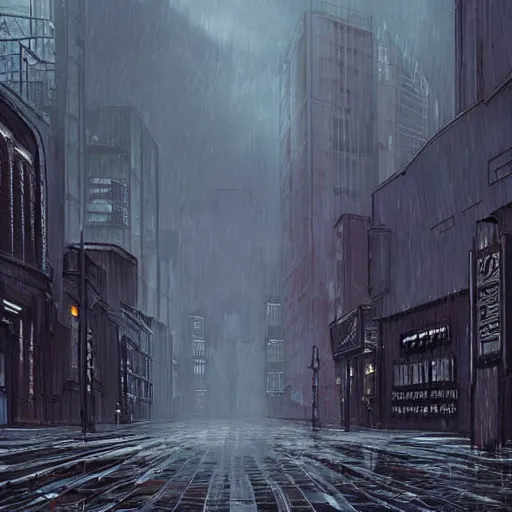 Prompt: dystopian noir rainy city street, highly detailed, muted colours, concept art