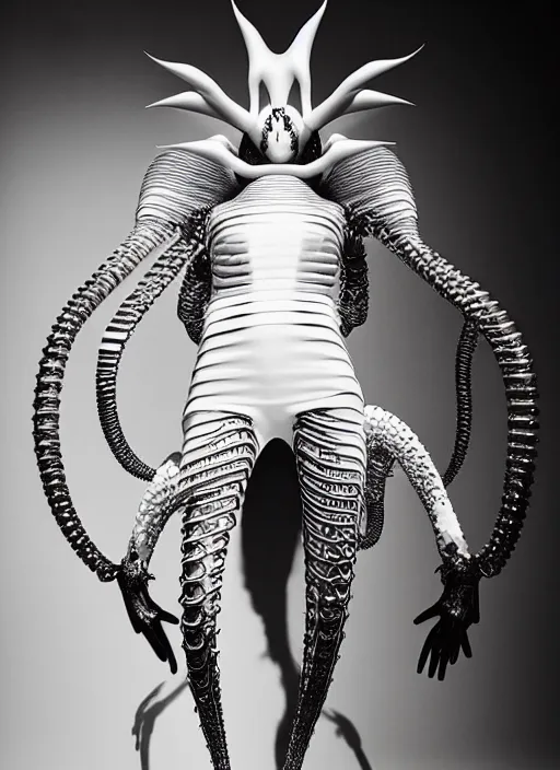 Image similar to walking down the catwalk, mert alas and marcus piggott, show, stage, vogue photo, podium, fashion show photo, historical baroque dress, iris van herpen, beautiful woman, full body shot, masterpiece, inflateble shapes, alien, predator, guyver, jellyfish, white biomechanical details, highly detailed