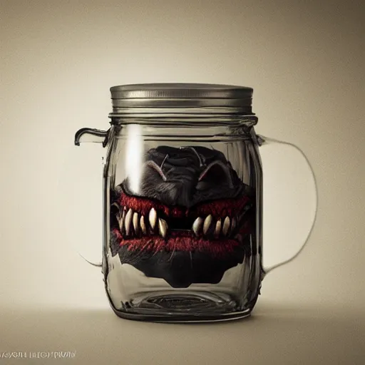 Image similar to Evil monster in a jar by Greg Rutkowski, product photography, centered, studio lightning