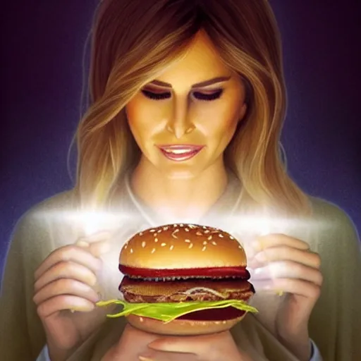 Image similar to portrait of Melania Trump eating hamburgers, extra onions and ketchup, luscious patty with sesame seeds, feminine ethereal, holy sacred light rays, handsome, volumetric light, D&D, fantasy, intricate, elegant, highly detailed, digital painting, artstation, concept art, matte, sharp focus, illustration, art by Artgerm and Greg Rutkowski and Alphonse Mucha