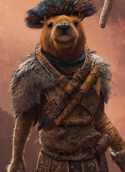 Image similar to detailed full body concept art illustration, oil painting on canvas of an anthropomorphic capybara barbarian in full intricate clothing, biomutant, dystopian, micro detail, octane render, 4K