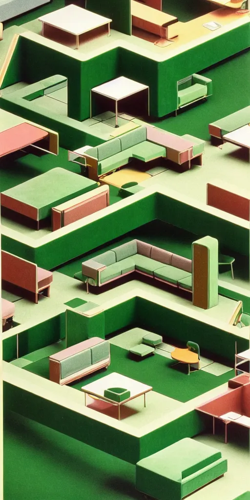 Image similar to huge sprawling gargantuan angular dimension of infinite indoor landscape 7 0 s green velvet and wood with metal office furniture. surrealism, mallsoft, vaporwave. muted colours, 7 0 s office furniture catalogue, shot from above, endless, neverending epic scale by escher and ricardo bofill