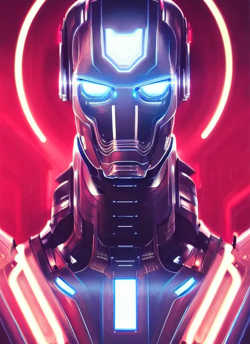 Image similar to Symmetry!! portrait of ultron, sci-fi armour, tech wear, cables, glowing lights!! sci-fi, intricate, elegant, highly detailed, digital painting, artstation, concept art, smooth, sharp focus, illustration, art by artgerm and greg rutkowski and alphonse mucha