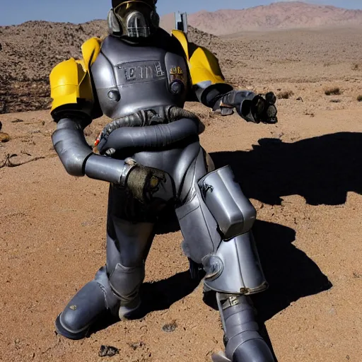 Image similar to award winning photograph of barack obama wearing fallout t - 5 1 b power armor in the mojave desert