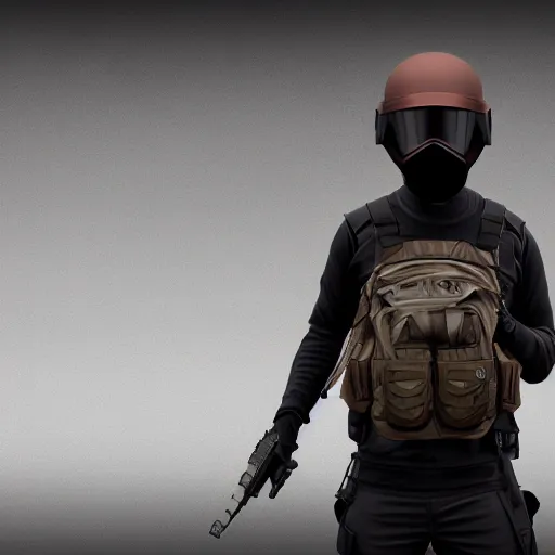 Image similar to futuristic insurgent wearing black helmet glossy visor, brown cloak, technical vest, and a backpack, photorealistic, digital art , red tint