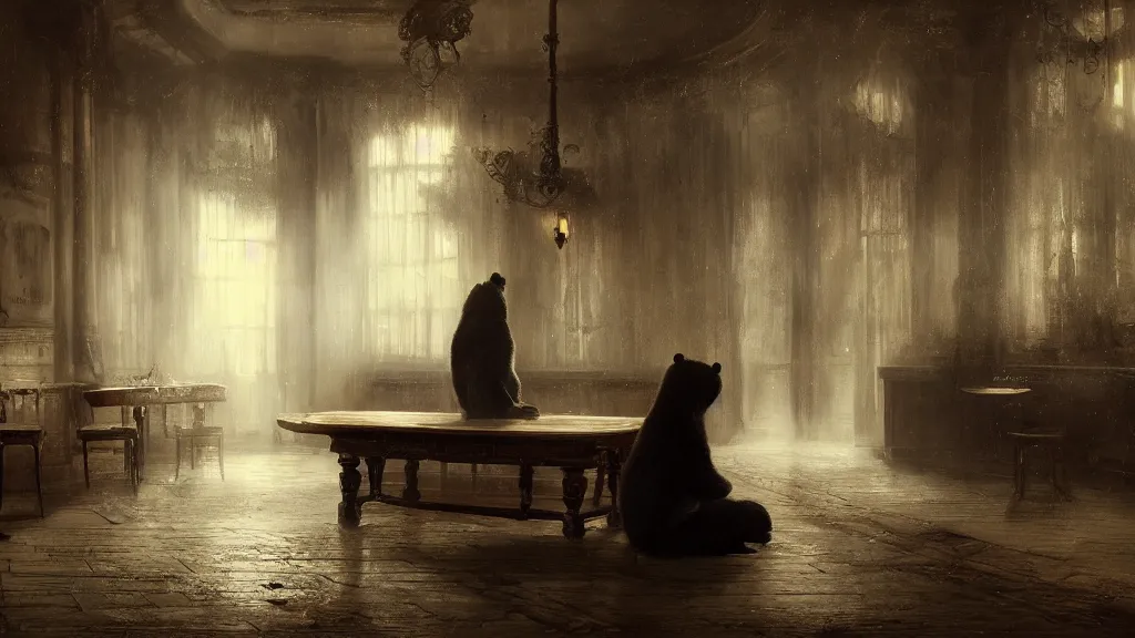 Prompt: bear gambler sitting alone in the melancholy club. andreas achenbach, artgerm, mikko lagerstedt, zack snyder, tokujin yoshioka