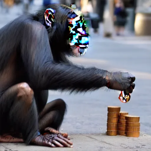 Image similar to a chimpanzee picking up pennies on a street in manhattan, depth of field, breathtaking, detailed and intricate environment, 8 k resolution, hyperrealistic