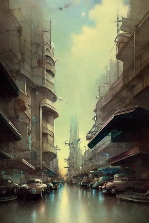 Image similar to ( ( ( ( ( 1 9 5 0 s retro science fiction city landscape. muted colors. ) ) ) ) ) by jean - baptiste monge!!!!!!!!!!!!!!!!!!!!!!!!!!!!!!