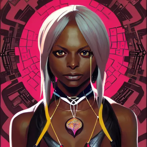 Image similar to Character Portrait of Ramlethal Valentine of Guilty Gears surrounded by geometric nodes, face, fantasy, intricate, elegant, highly detailed, digital painting, artstation, concept art, smooth, sharp focus, illustration, art by Gregory Manchess and Fernanda Suarez and Artem Demura and alphonse mucha