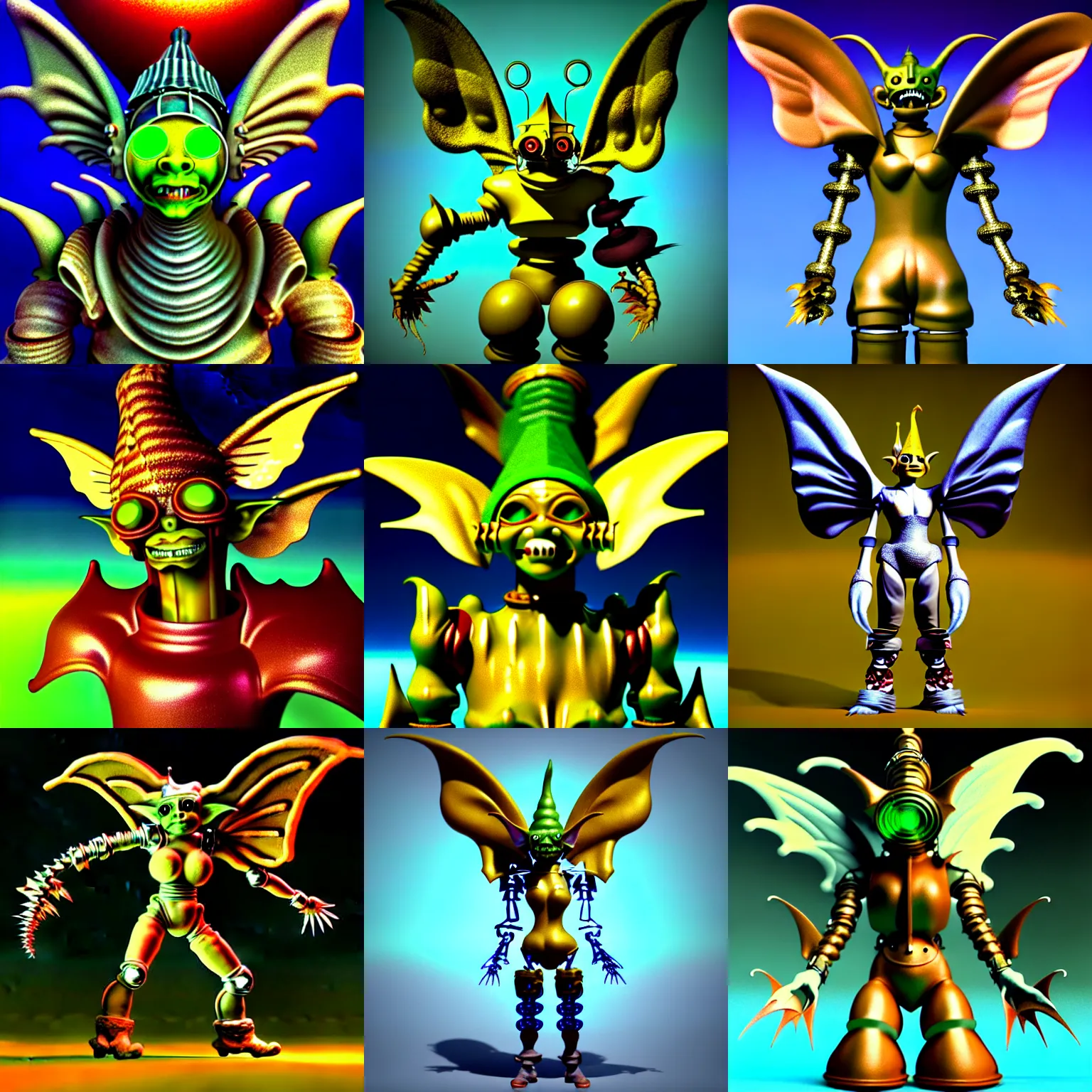 Prompt: vintage cgi 3 d render of cyborg goblin in the style of micha klein final fantasy ix by ichiro tanida wearing a big bell hat and wearing angel wings against a psychedelic swirly background with 3 d butterflies and 3 d flowers n the style of 1 9 9 0's cg graphics 3 d rendered by micha klein lightwave, 3 do magazine