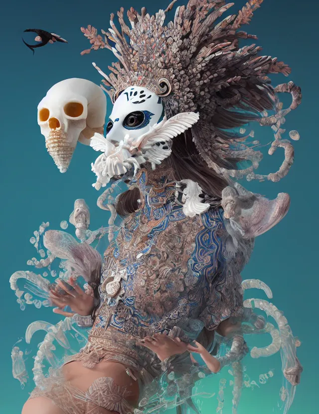 Image similar to 3 d goddess bottom - up with ram skull. beautiful intricately detailed japanese crow kitsune mask and clasical japanese kimono. betta fish, jellyfish phoenix, bio luminescent, plasma, ice, water, wind, creature, artwork by tooth wu and wlop and beeple and greg rutkowski