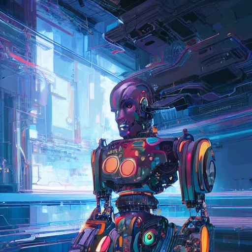 Image similar to colorful digital art of a robot trying to repair the universe, intricate complexity, by greg rutkowski, artgerm, ross tran, conrad roset, takato yomamoto, ilya kuvshinov. 4 k, beautiful, cinematic dramatic atmosphere