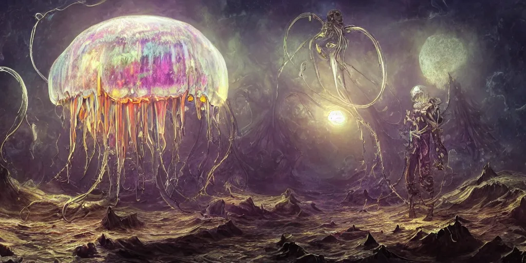 Image similar to concept art of giant translucent glowing jellyfishes, renaissance, divers helmet, lots of teeth, melting horror, round moon, rich clouds, fighting the horrors of the unknown, mirrors, very detailed, volumetric light, mist, grim, fine art, decaying, textured oil over canvas, epic fantasy art, very colorful, ornate, anato finnstark