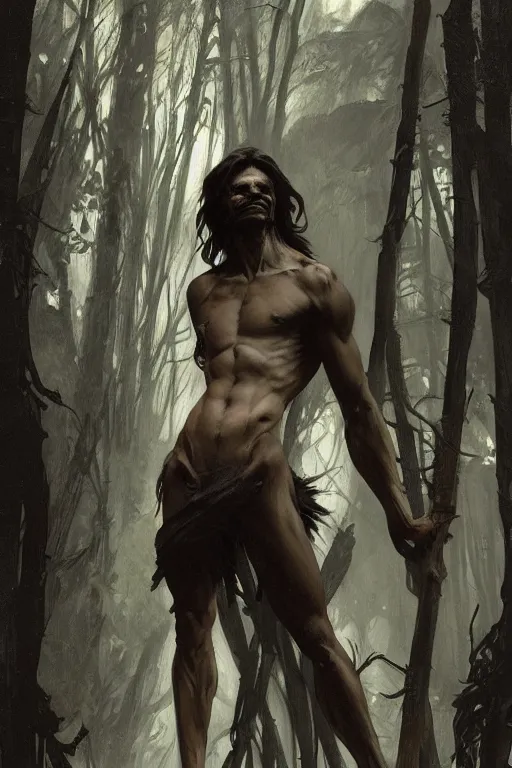 Image similar to full figure beautiful young fit antrophomorphic male wolf, bared teeth and long claws, dark scene, by greg rutkowski and alphonse mucha, d & d character, gradient black to silver, in a forest at night, highly detailed portrait, digital painting, artstation, concept art, smooth, sharp focus illustration, artstation hq