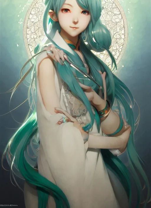 Image similar to hatsune miku, intricate, elegant, highly detailed, digital painting, artstation, concept art, smooth, sharp focus, illustration, art by artgerm and greg rutkowski and alphonse mucha