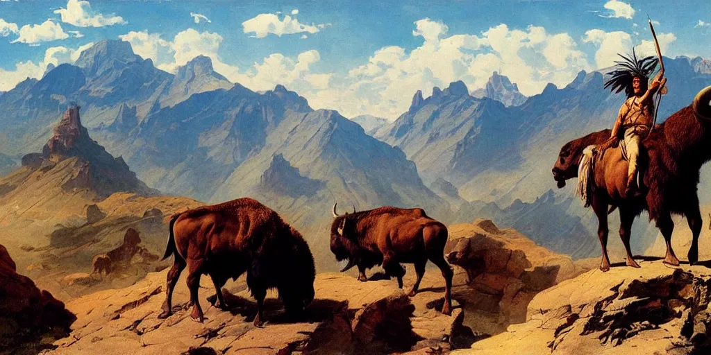 Image similar to native american riding bison, buffalo, native american warrior, mountain range, beautiful sky, standing on the edge of a cliff, 1 9 th century, painted by frazetta