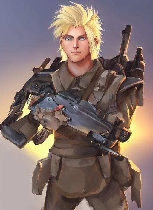 Image similar to concept art of a male blond angel military commander overwatch character