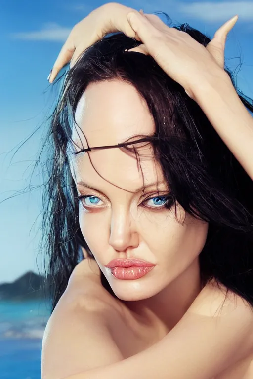 Image similar to close up headshot of angelina jolie as Nico Robin from One Piece standing on a beach, cosplay, photograph by Zhang Jingna