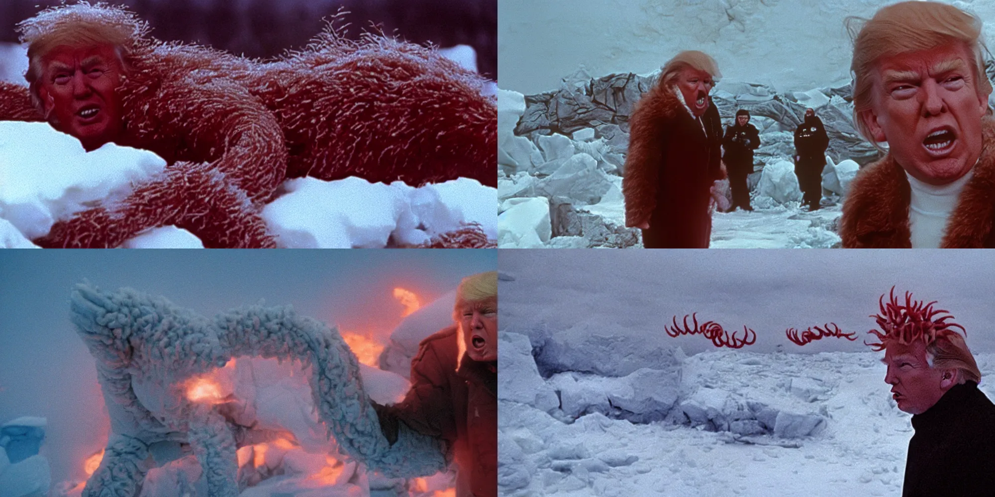 Prompt: donald trump in the thing ( 1 9 8 2 ) directed by john carpenter, alien red tentacles, flesh chunks, flamethrower, antarctica, snow, cinestill 8 0 0 t, 1 9 8 0 s movie still, film grain