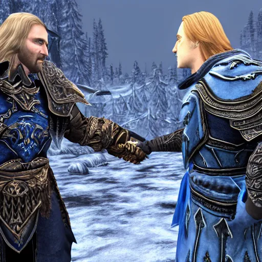 Image similar to arthas menethil shaking hands with skyrim's dragonborn