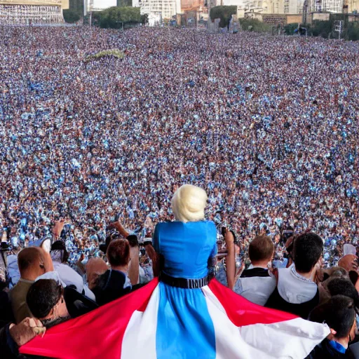 Image similar to Lady Gaga as president, Argentina presidential rally, Argentine flags behind, bokeh, giving a speech, detailed face, Argentina