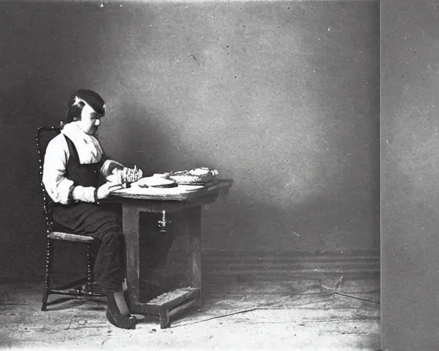 Image similar to an early 1800s photo of someone sitting at a computer making a donut in blender