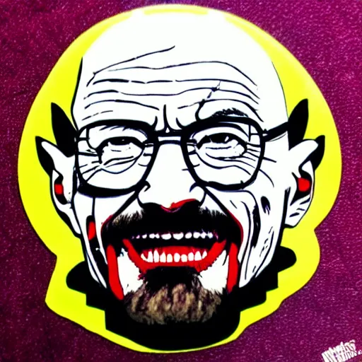 Image similar to die cut sticker, walter white laughing like the joker, splatter paint