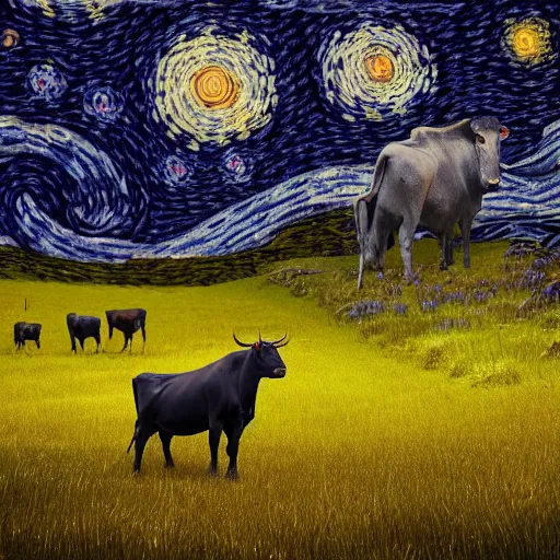 Prompt: a detailed matte painting of a cow standing in a grassy field wearing a witch hat, viewed in profile, glowing moths and fog in the background, starry night, black and blue color scheme with gold highlights, in the style of discworld and harry potter, 8 k, octane render