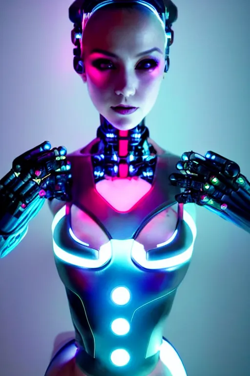 Image similar to a stunning robot woman with cybernetic enhancements, wires, led lights, glowing lights, futuristic, by artgerm and wlop and bosch