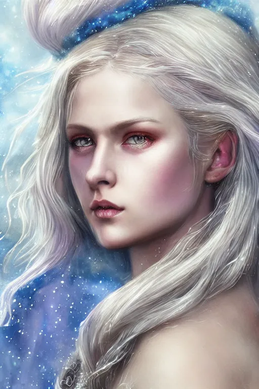 Image similar to Norse blonde goddess of glitter character portrait, lean face, cinematic lighting, hyper-detailed, cgsociety, blue eyes, 8k, high resolution, in the style of Charlie Bowater, Tom Bagshaw, alan lee, single face, symmetrical, headshot photograph, insanely detailed and intricate, beautiful, elegant, watercolor, cinematic, portrait, Raphaelite, headroom, artstation, Pierre-Auguste Renoir