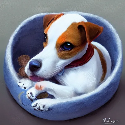 Image similar to adorable jack russel terrier laying in dog bed, in the livingroom, fantasy art, artstation character design contest winner, trending on cgsociety, concept art, speedpaint, beautiful digital art, jesper ejsing, james jean, justin gerard, fenghua zhong, makoto shinkai, highly detailed