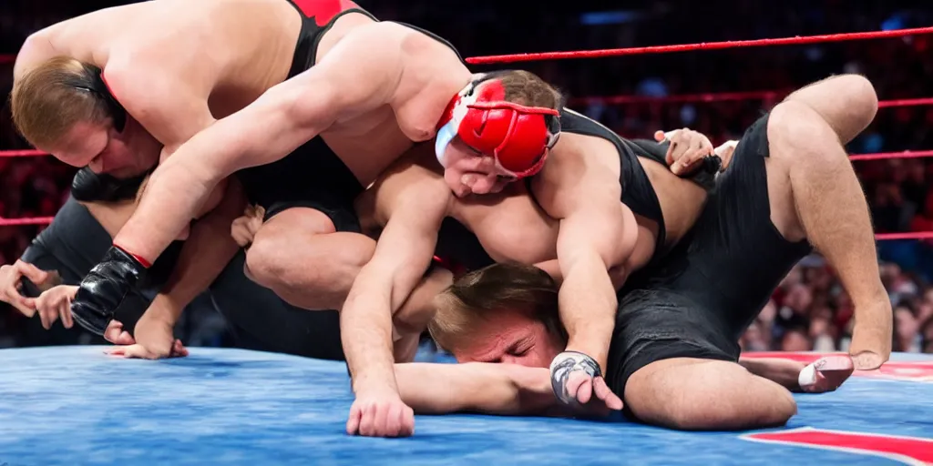 Prompt: a close up photograph ted cruz wrestling donald trump in a wwe ring, sports photography, 4k