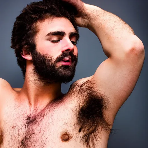 Image similar to high-resolution photograph of a lad showing off his hairy armpits