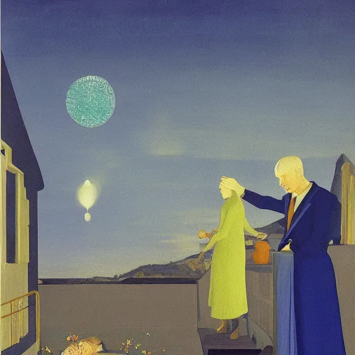 Prompt: obituary for a blue alchemist at dawn. painting by uccello paolo, agnes pelton, paul delvaux