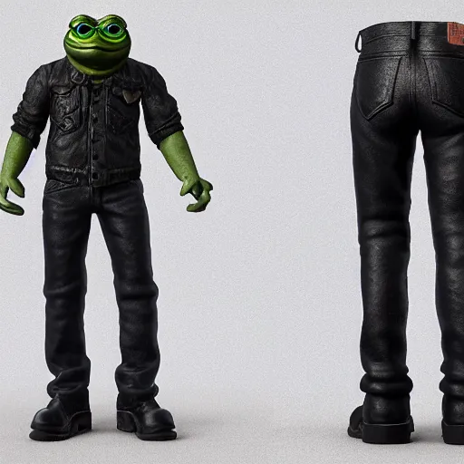 Image similar to perfectly accurate miniature figure of pepe the frog wearing jeans and a black leather jacket, soft textures, skin texture, clothing, 3d sculpture, textured, fine detail, lifelike, photo, high resolution, octane render, post processing, after effects, trending on artstation