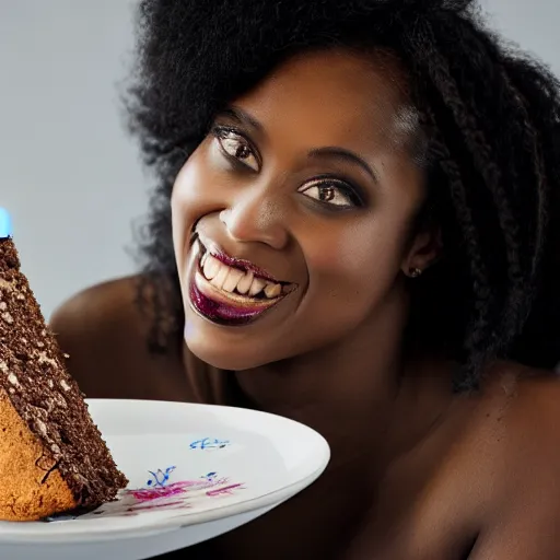 Image similar to black woman eating a slice of cake, award - winning photograph